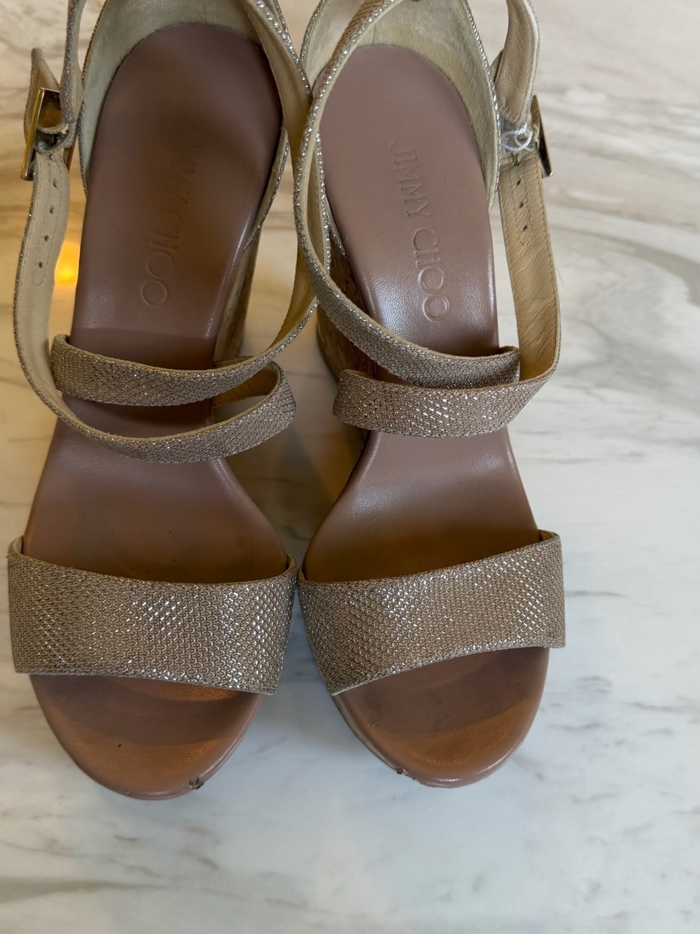 Jimmy Choo Champagne Metallic Strappy Block Heel Sandals